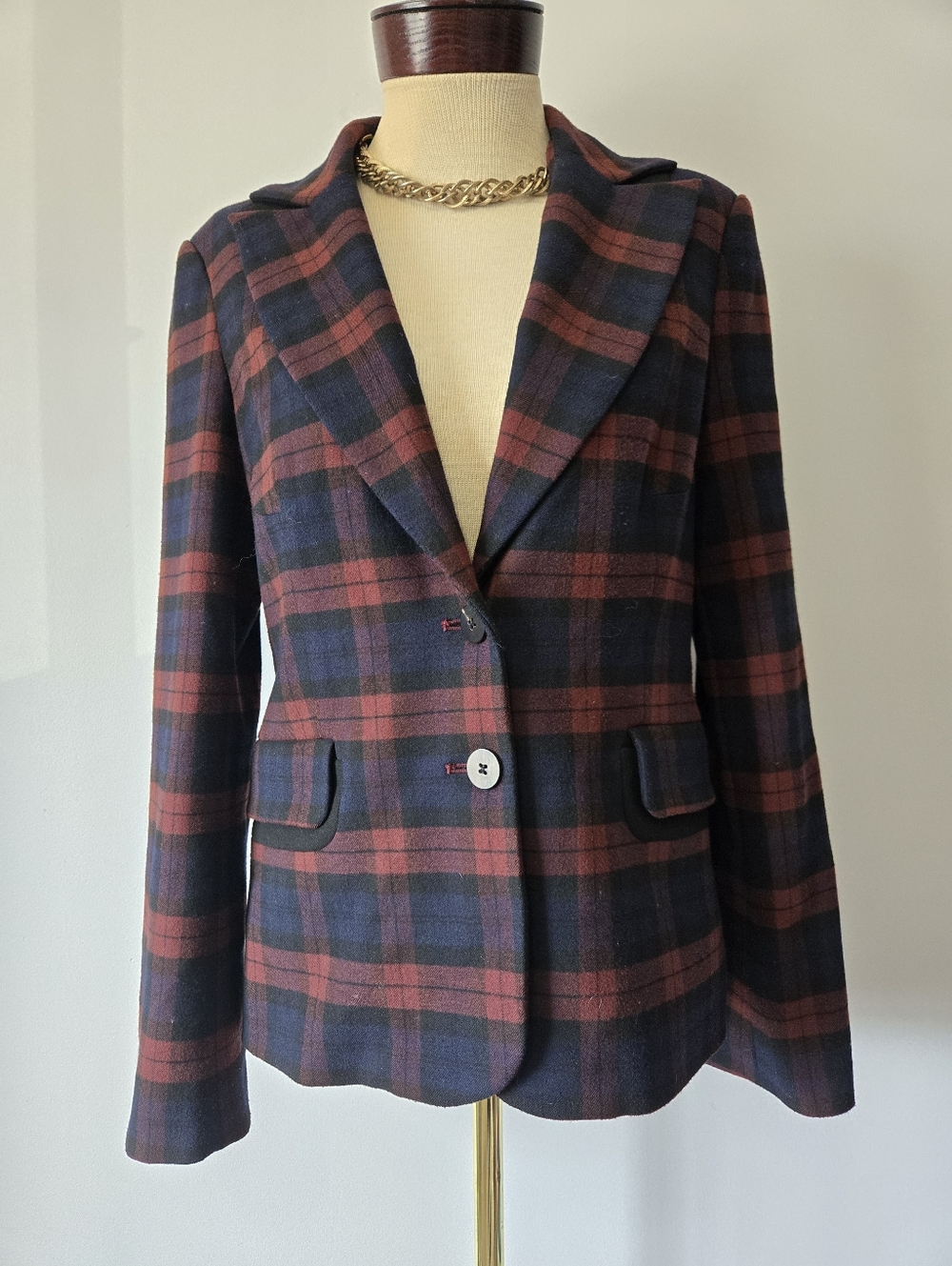 Derek Lam 10 Crosby Navy & Burgundy Plaid Tailored Blazer. Size 10